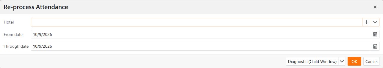 Re-process Attendance dialog with an empty hotel selection