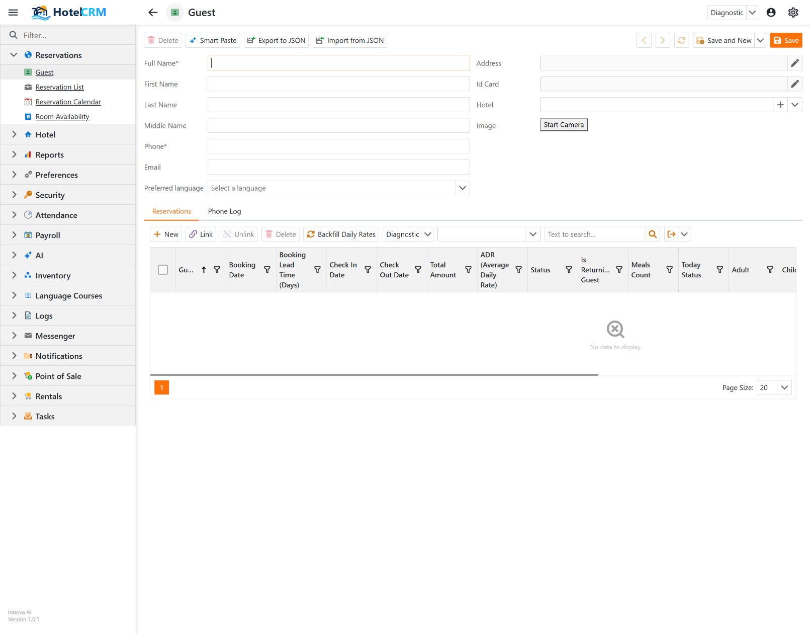 Empty guest form with required full name and phone fields