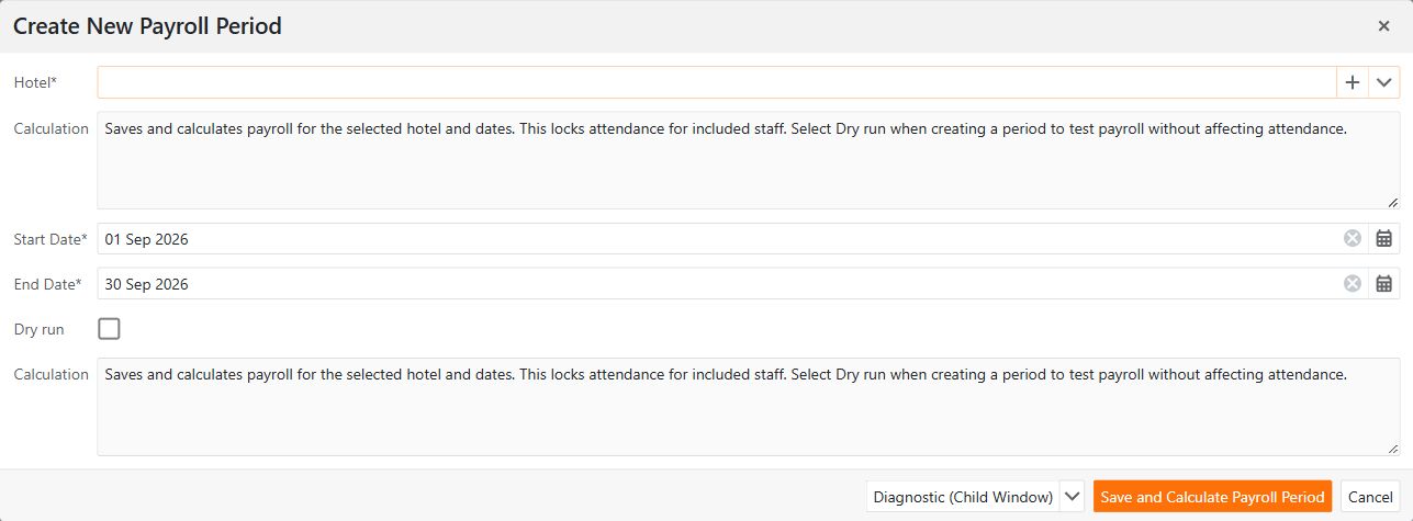 Create New Payroll Period dialog before a hotel is selected