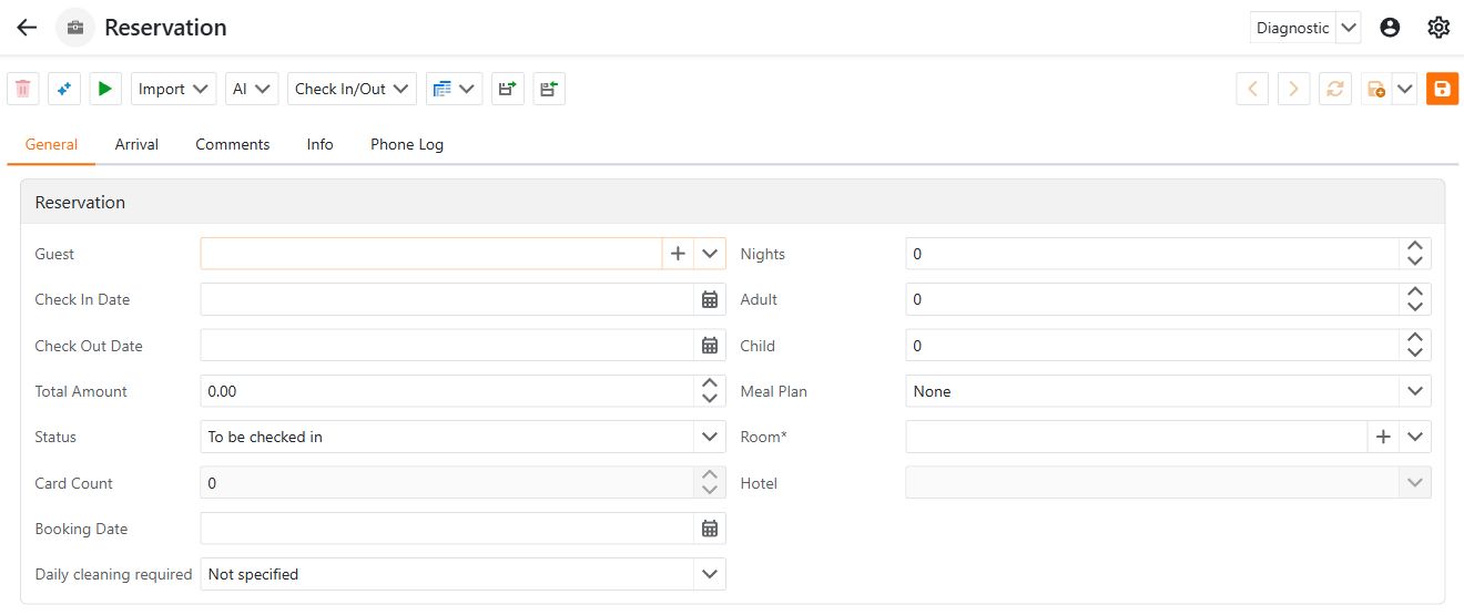 General tab of an empty reservation